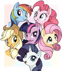 Size: 1934x2176 | Tagged: safe, artist:cheesesauce_45, derpibooru import, applejack, fluttershy, pinkie pie, rainbow dash, rarity, twilight sparkle, earth pony, pegasus, pony, unicorn, g4, border, bust, female, grin, mane six, mare, open mouth, open smile, simple background, smiling, white background