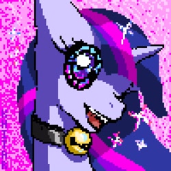 Size: 1600x1600 | Tagged: safe, artist:khiblep, derpibooru exclusive, derpibooru import, twilight sparkle, pony, unicorn, g4, bell, bell collar, bust, collar, pixel art, portrait, solo