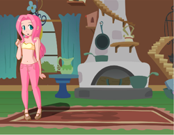 Size: 900x700 | Tagged: safe, derpibooru import, fluttershy, human, bare shoulders, bra, breasts, clothes, female, fluttershy's cottage (interior), humanized, pants, photo, sexy, solo, straight hair, strapless, underwear