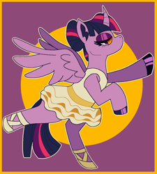 Size: 900x1000 | Tagged: safe, artist:peribot, derpibooru import, twilight sparkle, twilight sparkle (alicorn), alicorn, pony, g4, ballerina, clothes, purple background, simple background, solo, spread wings, tutu, twilarina, wings