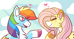 Size: 1280x674 | Tagged: safe, artist:peribot, derpibooru import, fluttershy, rainbow dash, pegasus, pony, g4, bust, cloud, duo, female, flutterdash, heart, lesbian, shipping, smiling, unshorn fetlocks