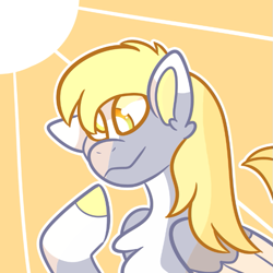 Size: 663x662 | Tagged: safe, artist:peribot, derpibooru import, derpy hooves, pegasus, pony, g4, bust, chest fluff, hoof on chin, orange background, simple background, smiling, solo, sun