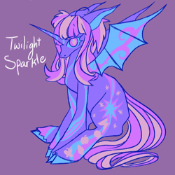 Size: 1240x1240 | Tagged: safe, artist:sainthorse, derpibooru import, twilight sparkle, twilight sparkle (alicorn), alicorn, pony, g4, purple background, redesign, simple background, sitting, solo