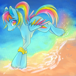 Size: 1240x1240 | Tagged: safe, artist:sainthorse, derpibooru import, rainbow dash, pegasus, pony, g4, beach, running, smiling, solo, unshorn fetlocks