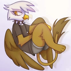 Size: 890x896 | Tagged: safe, artist:sillyp0ne, derpibooru import, gilda, anthro, griffon, g4, clothes, collar, female, shirt, shorts, simple background, smiling, solo, spiked collar, t-shirt