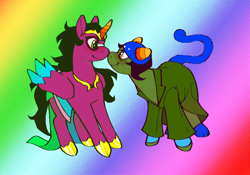 Size: 1084x757 | Tagged: safe, artist:dailyfefnepz, derpibooru import, alicorn, earth pony, pony, blushing, boop, clothes, dithering, duo, feferi peixes, glasses, gradient background, homestuck, looking at each other, looking at someone, nepeta leijon, noseboop, ponified, rainbow background, smiling, smiling at each other, species swap