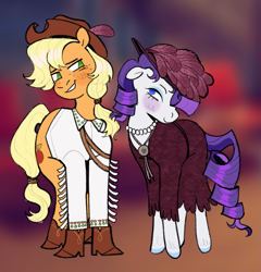 Size: 1247x1299 | Tagged: safe, artist:peachybats, derpibooru import, applejack, rarity, earth pony, pony, unicorn, g4, applejack's hat, blushing, boots, clothes, cowboy hat, dress, female, freckles, hat, jewelry, lesbian, looking at each other, looking at someone, necklace, rarijack, shipping, shoes, simple background, smiling, smiling at each other, solo, white background