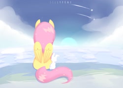 Size: 1957x1392 | Tagged: safe, artist:sillyp0ne, derpibooru import, fluttershy, pegasus, pony, rabbit, g4, animal, shooting star, sitting, sky, solo