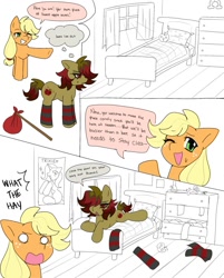 Size: 967x1200 | Tagged: safe, artist:xxb4d_4ppl3xx, derpibooru import, applejack, trixie, oc, oc:bad apple, earth pony, pony, g4, antisocial, bong, cellphone, clothes, drugs, leg warmers, messy, phone, smartphone