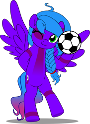 Size: 3619x5001 | Tagged: safe, artist:jhayarr23, derpibooru import, oc, oc only, oc:violet aura, pegasus, pony, bipedal, braid, commission, commissioner:solar aura, eye spot, female, football, hoof hold, looking at you, mare, one eye closed, pegasus oc, simple background, smiling, smiling at you, solo, sports, transparent background, wink, winking at you, ych result, your character here