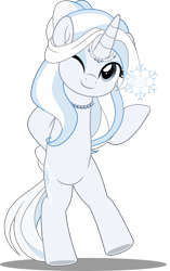 Size: 3146x5000 | Tagged: safe, artist:jhayarr23, derpibooru import, oc, oc only, oc:snowfall radiance, pony, unicorn, bipedal, commission, commissioner:solar aura, female, hoof hold, horn, jewelry, looking at you, mare, one eye closed, simple background, smiling, smiling at you, snow, snowflake, solo, transparent background, unicorn oc, wink, winking at you, ych result, your character here