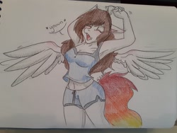 Size: 2048x1536 | Tagged: safe, artist:mscolorsplash, derpibooru import, oc, oc only, oc:color splash, anthro, pegasus, armpits, arms in the air, belly button, breasts, busty oc, clothes, eyes closed, midriff, pajamas, shorts, solo, spread wings, stretching, traditional art, wings, yawn