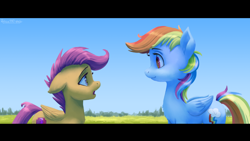 Size: 2560x1440 | Tagged: safe, artist:robsa990, derpibooru import, rainbow dash, scootaloo, pegasus, pony, g4, duo, female, filly, foal, mare, siblings, sisters