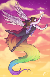 Size: 3300x5100 | Tagged: safe, artist:mscolorsplash, derpibooru import, oc, oc only, oc:color splash, anthro, butterfly, pegasus, plantigrade anthro, absurd resolution, boots, breasts, cleavage, clothes, female, flying, mare, rainbow tail, shoes, spread wings, sunset, tail, wings