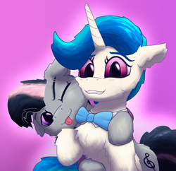 Size: 2380x2300 | Tagged: safe, artist:gosha305, derpibooru import, idw, dj pon-3, octavia melody, vinyl scratch, earth pony, pony, unicorn, g4, :p, abstract background, alternate hairstyle, alternate universe, blushing, bowtie, bust, cheek fluff, cheek to cheek, chest fluff, cuddling, cute, duo, ear fluff, ears, female, floppy ears, fluffy, high res, horn, hug, lesbian, looking at you, mare, mirror universe, one eye closed, pink background, portrait, scratchtavia, shipping, simple background, smiling, tavibetes, tongue, tongue out, vinylbetes, wink