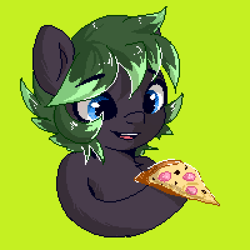 Size: 1600x1600 | Tagged: safe, derpibooru import, earth pony, pony, commission, food, green background, pizza, simple background, solo