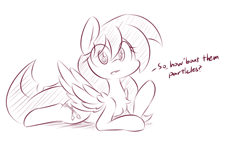 Size: 1920x1080 | Tagged: safe, artist:dshou, derpibooru import, oc, oc only, oc:shooting star, pegasus, pony, chest fluff, dialogue, female, looking at you, lying down, mare, monochrome, prone, sketch, solo, talking to viewer