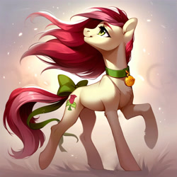 Size: 4096x4096 | Tagged: safe, ai content, derpibooru import, generator:purplesmart.ai, generator:stable diffusion, machine learning generated, roseluck, pony, g4, bow, collar, cute, pet tag, pony pet, prompter:doom9454, rosepet, tail, tail bow, walking