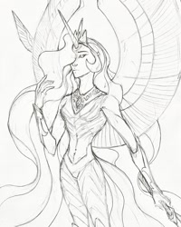 Size: 1440x1800 | Tagged: safe, derpibooru import, princess celestia, alicorn, human, g4, humanized, monochrome, pencil drawing, sketch, solo, traditional art