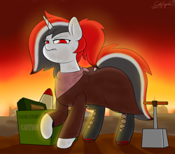 Size: 4000x3500 | Tagged: safe, artist:cdrspark, derpibooru import, oc, oc only, oc:red rocket, unicorn, fallout equestria, blood, bomb, boots, clothes, coat, detonator, dirty, dusk, explosives, female, horn, ruins, scarf, shoes, solo, unamused, unicorn oc, wasteland, weapon