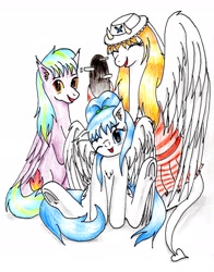 Size: 2376x3030 | Tagged: safe, artist:40kponyguy, derpibooru exclusive, derpibooru import, oc, oc only, oc:clarise, oc:flame burst, oc:vanilla, pegasus, 2024 community collab, bunny sitting, clothes, cute, derpibooru community collaboration, dress, ear fluff, ears, eyes closed, female, hat, looking at you, male, mare, one eye closed, raised hoof, raised leg, simple background, stallion, traditional art, underhoof, white background