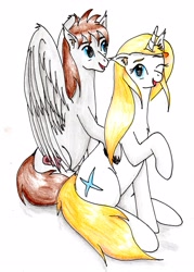 Size: 2025x2828 | Tagged: safe, artist:40kponyguy, derpibooru exclusive, derpibooru import, oc, oc only, oc:jezza, oc:tecuro, pegasus, pony, unicorn, 2024 community collab, derpibooru community collaboration, ear fluff, ears, female, looking at you, male, mare, one eye closed, open mouth, open smile, raised hoof, raised leg, simple background, smiling, stallion, unshorn fetlocks, white background