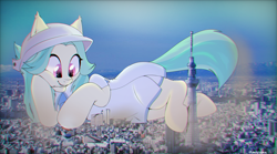 Size: 2879x1599 | Tagged: safe, artist:lustrebeam, derpibooru import, oc, oc:lustrebeam, pony, city, cityscape, clothes, destruction, dress, female, giantess, hat, hooves, macro, magenta eyes, micro, smiling, teal mane, tokyo skytree