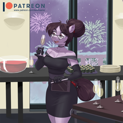 Size: 900x900 | Tagged: safe, artist:kevinsano, derpibooru import, raven, anthro, earth pony, g4, alcohol, choker, clothes, evening gloves, female, fireworks, food, glass, glasses, gloves, long gloves, looking at something, mare, missing horn, open mouth, skirt, solo, stylus, sushi, tablet, window, wine, wine glass