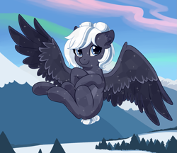 Size: 1461x1260 | Tagged: safe, artist:maravor, derpibooru import, oc, oc only, oc:lunara moonstone, crystal pony, pegasus, pony, colored wings, commission, crystal empire, crystal pegasus, crystal pony oc, crystallized, cute, female, flying, looking at you, mare, mountain, mountain range, ocbetes, pegasus oc, sky, snow, solo, spread wings, two toned coat, two toned wings, wings, ych result