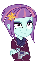 Size: 720x1090 | Tagged: safe, derpibooru import, sunny flare, human, equestria girls, g4, hasbro, looking at something, simple background, smiling, smirk, solo, transparent background