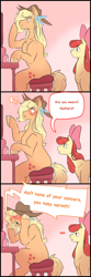 Size: 1280x3840 | Tagged: safe, artist:smirk, derpibooru import, apple bloom, applejack, earth pony, pony, g4, ..., apple sisters, blushing, caught, comic, dialogue, duo, embarrassed, feather, female, freckles, furniture, hat, implied appledash, implied lesbian, implied shipping, mirror, siblings, simple background, sisters, sitting, speech bubble