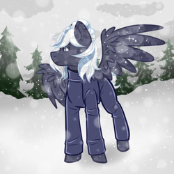 Size: 1024x1024 | Tagged: safe, artist:ritork, derpibooru import, oc, oc only, oc:lunara moonstone, crystal pony, pegasus, pony, clothes, colored wings, commission, crystal pegasus, crystal pony oc, crystallized, cute, female, mare, outdoors, pegasus oc, snow, snowfall, solo, spread wings, suit, two toned wings, wings, ych result