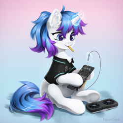 Size: 1600x1600 | Tagged: safe, artist:inowiseei, derpibooru import, oc, oc only, pony, unicorn, ear fluff, ears, gradient background, gradient iris, graphics card, hoof hold, horn, magic, magic aura, mouth hold, polo shirt, screwdriver, sitting, soldering iron, solo, tail, telekinesis, two toned mane, two toned tail, unicorn oc, white coat