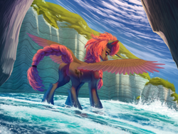 Size: 2000x1500 | Tagged: safe, artist:unten, derpibooru import, oc, pony, unicorn, beach, butt, featureless crotch, horn, mountain, ocean, plot, solo, water, wings