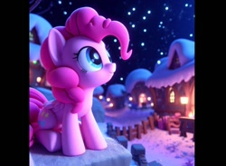 Size: 1400x1022 | Tagged: safe, ai content, derpibooru import, machine learning assisted, machine learning generated, pinkie pie, earth pony, pony, g4, looking up, night, prompter:pinkiepiepics, sky, snow, solo, stars, winter