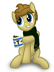 Size: 3120x4160 | Tagged: safe, artist:tidmouthmilk12, derpibooru import, oc, oc only, oc:tidmouth milk, earth pony, pony, clothes, food, mug, scarf, sitting, smiling, solo, splash, tea