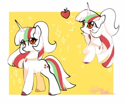 Size: 2048x1723 | Tagged: safe, artist:petaltwinkle, derpibooru import, oc, oc only, pony, unicorn, border, eye clipping through hair, female, fruit, heart shaped, jewelry, mare, necklace, signature, simple background, smiling, solo, yellow background