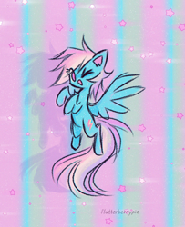 Size: 1214x1492 | Tagged: safe, artist:flutterberrypie, derpibooru import, rainbow dash, pegasus, pony, g4, cute, dashabetes, female, flying, gradient background, heart, looking at you, mare, one eye closed, open mouth, open smile, rainbow background, signature, smiling, smiling at you, solo, spread wings, stars, wings, wink, winking at you