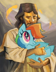 Size: 1597x2048 | Tagged: safe, artist:valorous_kid, derpibooru import, rainbow dash, human, pegasus, pony, g4, crossover, cute, dashabetes, duo, female, holding a pony, jesus christ, male, mare, sweet dreams fuel