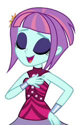 Size: 852x1350 | Tagged: safe, derpibooru import, sunny flare, human, equestria girls, g4, bare shoulders, eyes closed, eyeshadow, hasbro, makeup, shadowbolts, simple background, sleeveless, smiling, solo, transparent background