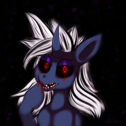 Size: 1050x1050 | Tagged: safe, artist:stoopedhooy, derpibooru import, oc, pony, unicorn, black sclera, blood, bust, dark background, horn, portrait, red eyes, sharp teeth, solo, teeth, unicorn oc