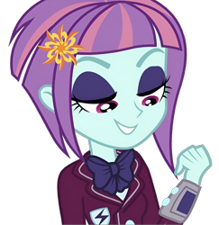 Size: 1394x1434 | Tagged: safe, derpibooru import, sunny flare, human, equestria girls, g4, hasbro, looking down, shadowbolts, simple background, smiling, solo, transparent background