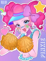 Size: 1536x2048 | Tagged: safe, artist:cerise, derpibooru import, pinkie pie, human, equestria girls, g4, bow, bust, cheerleader, cheerleader outfit, clothes, gradient background, hair bow, hat, open mouth, smiling, solo, text