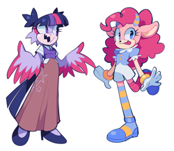 Size: 2048x1784 | Tagged: safe, artist:olivashko, derpibooru import, pinkie pie, twilight sparkle, anthro, bird, goat, owl, plantigrade anthro, g4, clothes, dress, duo, duo female, female, high heels, horns, mobian, shoes, simple background, socks, sonicified, species swap, standing, standing on one leg, striped socks, tongue, tongue out, white background