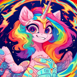 Size: 597x597 | Tagged: safe, ai content, derpibooru import, generator:pony diffusion v6 xl, generator:purplesmart.ai, generator:stable diffusion, machine learning generated, oc, oc:barpy, alicorn, cyborg, pony, adventurous, augmented, cute, cyberpunk, divine, energetic, enhanced, fluffy, futuristic, genderless, high energy, king, looking at you, machine, magic, majestic, melting, multicolored hair, neurotechnology, pink fur, posthuman, princess, prompter:barpy, psychedelic, queen, rainbow hair, smiling, smirk, transhumanist