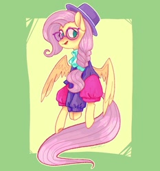 Size: 1006x1080 | Tagged: safe, artist:juhnmeii, derpibooru import, fluttershy, pegasus, pony, g4, alternate hairstyle, clothes, female, glasses, hat, hipstershy, jacket, mare, open mouth, open smile, passepartout, scarf, sitting, smiling, solo