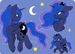 Size: 750x542 | Tagged: safe, artist:tiiruki, derpibooru import, princess luna, alicorn, pony, g4, blue background, doodle, female, mare, moon, simple background, solo, stars