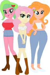 Size: 388x585 | Tagged: safe, artist:sturk-fontaine, derpibooru import, oc, oc only, oc:briar apple, oc:melon kiss, oc:peach blossom, equestria girls, g4, base used, big breasts, breasts, child bearing hips, cleavage, clothes, female, freckles, magical lesbian spawn, midriff, offspring, parent:applejack, parent:fluttershy, parents:appleshy, simple background, thicc thighs, trio, trio female, white background, wide hips