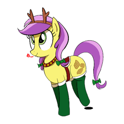 Size: 400x400 | Tagged: safe, artist:truthormare, derpibooru import, lavender fritter, earth pony, pony, g4, animal costume, antlers, apple family member, bowtie, christmas, clothes, costume, female, harness, heart, holiday, mare, reindeer antlers, reindeer costume, saddle, simple background, smiling, socks, solo, tack, transparent background