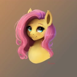 Size: 4000x4000 | Tagged: safe, artist:miokomata, derpibooru import, fluttershy, pegasus, pony, g4, bust, cute, female, freckles, gradient background, looking at you, mare, shyabetes, signature, smiling, smiling at you, solo